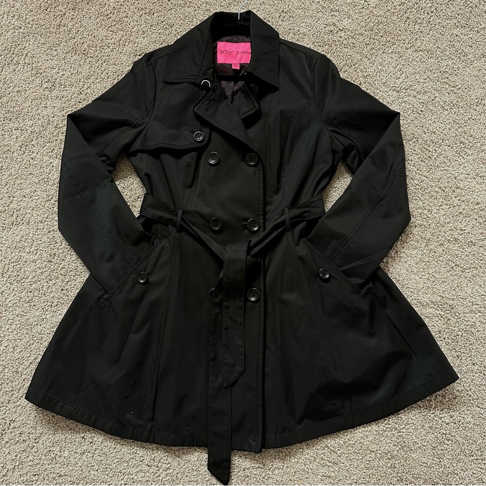 NWOT Betsey Johnson Black Trench Coat with velvet accents.